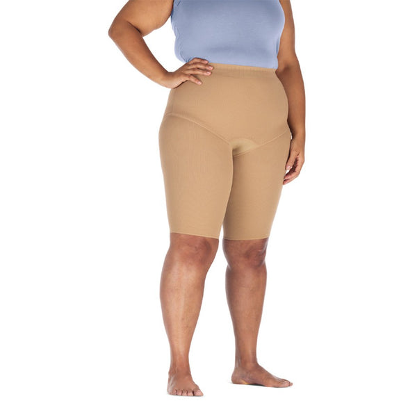JOBST Elvarex Soft Bermuda compression shorts in beige, worn