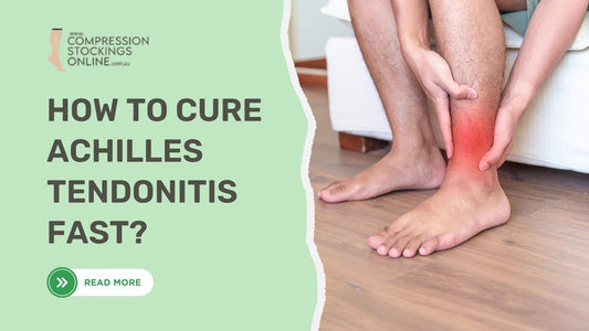 Person holding their lower leg with redness around the Achilles tendon, indicating Achilles tendonitis pain. Text overlay asks how to cure Achilles tendonitis fast with a 'Read More' button.