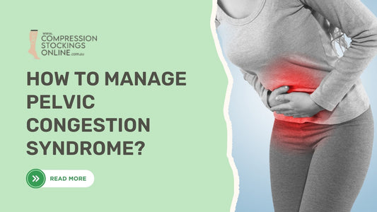 Woman experiencing pelvic pain with red-highlighted discomfort area, illustrating symptoms of pelvic congestion syndrome. Text overlay reads ‘How to Manage Pelvic Congestion Syndrome?’ .