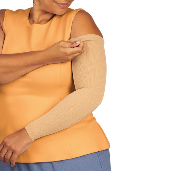 JOBST Elvarex Soft arm sleeve in beige, being put on