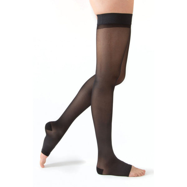 Varisan FASHION sheer thigh high compression stockings in black, open toe